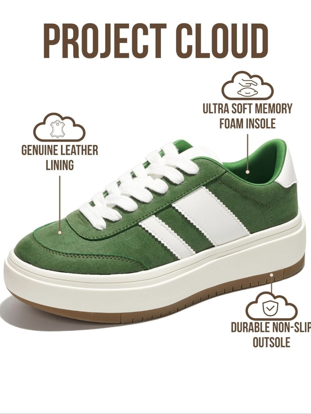 Womens "PROJECT CLOUD" Green Suede Low-Top Sneakers - White Accents - Picture 12 of 14